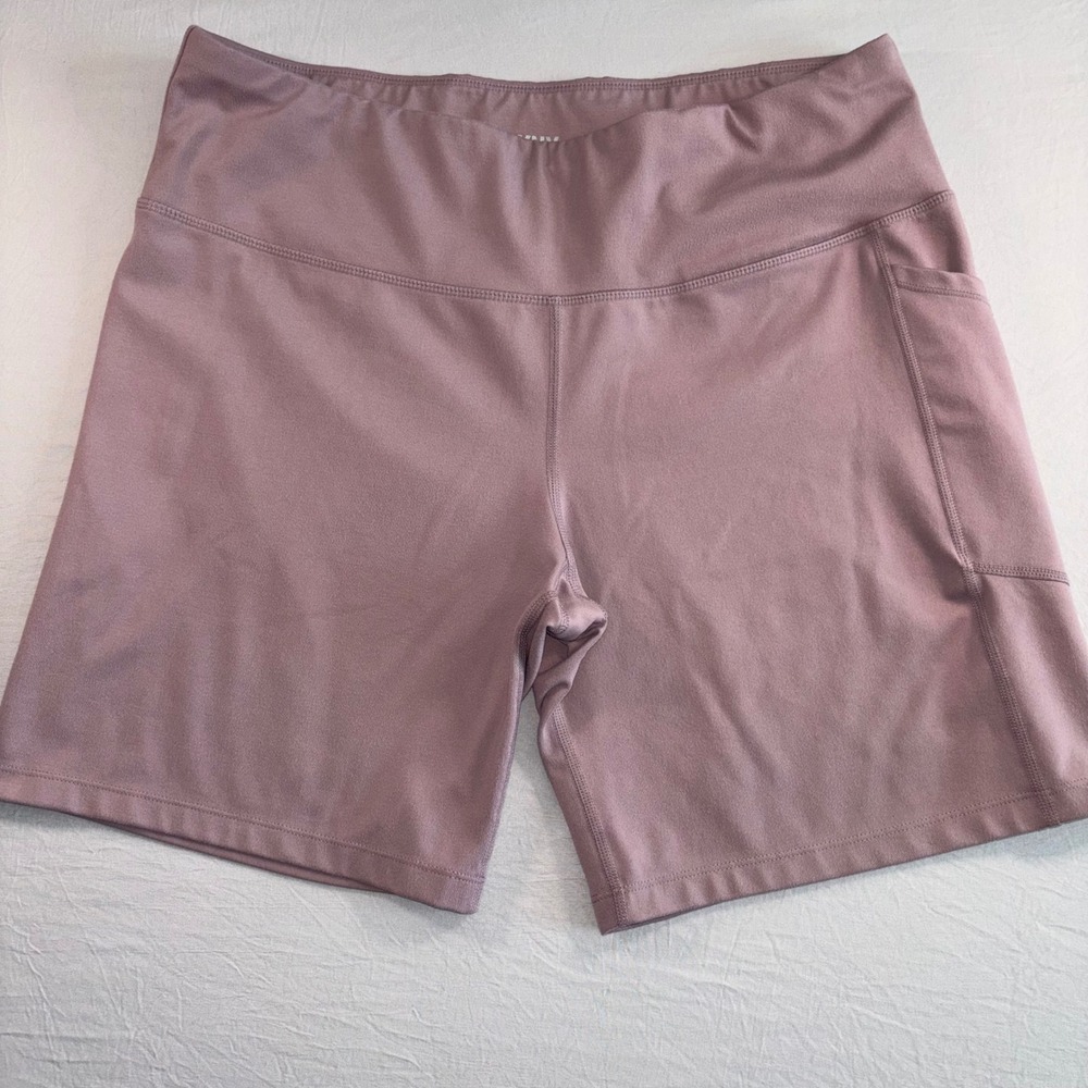 DKNY Sport Womens High Waisted Spandex Bike Gym Shorts Purple Mauve Pocket XXL